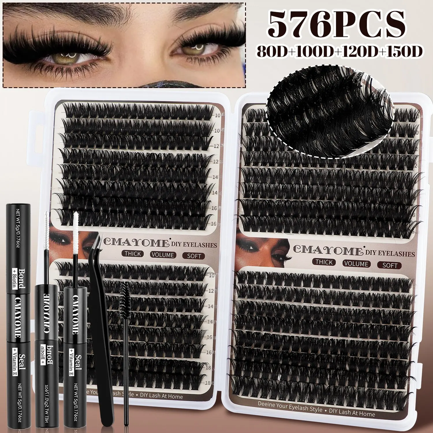 Multiple options: 640/592/576 Clusters Thick Individual Lash Kit, Volume False Eyelashes, Volumized Fake Eyelashes, 10D-150D Mixed Density, with Glue & Tools, Eye-Enhancing, Waterproof, Long-Lasting, For Daily, Outdoor, Eyelash Extensions