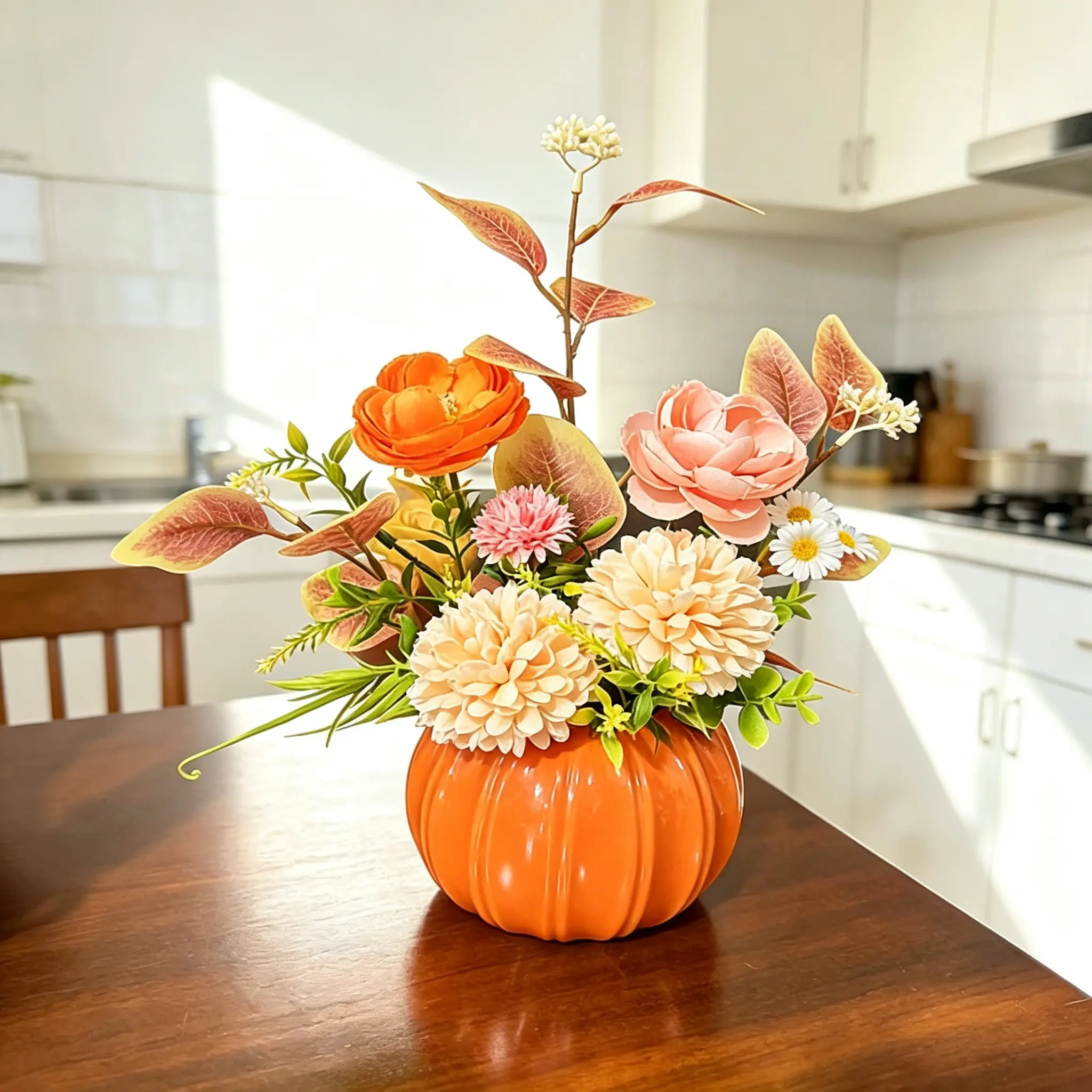Luxury Decorative Pumpkin Vase Artificial Flower Arrangement - Fall Eucalyptus Fake Floral Centerpiece for Dining Table, Living Room Home Decor, Pumpkin Vase Flower Arrangement