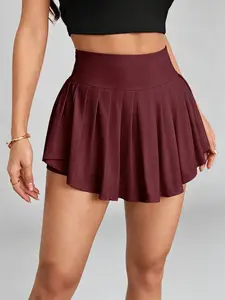 Women's High Waist Pleated Tennis Skirt, Elastic Nylon Shark Skin Fabric, Casual Streetwear for Outdoor Activities, Spring Summer Fashion