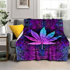 1Pc Purple Psychedelic Maple Leaves Blanket, Lightweight Flannel Throw For Sofa, Bed, Travel, Camping, Livingroom, Office, Couch, Chair, And Bed, Digital Printing Fleece Blanket With Soft And Warm Flannel Fabric summervibes