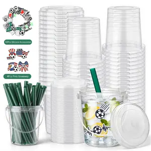 30 Pack 24oz Reusable Drink Buckets with Lids & Straws, Leak-Proof Plastic  Buckets with Handles ,BPA-Free,Soccer Party Decorations,idea for brithday, Game Day & Watch Parties ,summer party， for iced coffee buckets to go summervibes outdoorfun