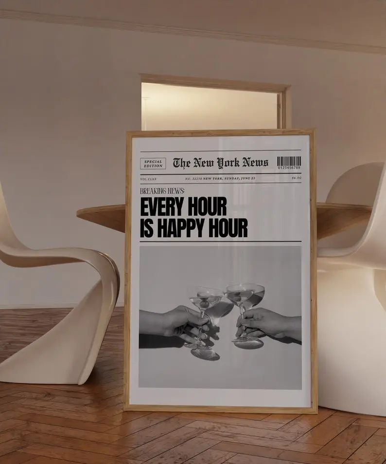 Trendy Wall Art, Newspaper Cocktail Posters, Black and White Bar Cart Decor, Funky Girly Retro Aesthetic Gifts Room