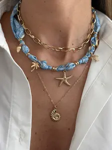 Creative Oceanic Theme Starfish Conch Pendant Necklace Set, Sweet Cool Geometric Patchwork Clavicle Chain, 3 Piece Jewelry Collection