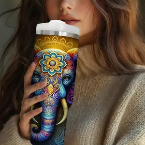 30oz Stainless Steel Water Bottle with Lid & Straw, Elephant Print Insulated Cup for Summer Winter Outdoor Travel Gift, Vacuum Insulated Tumbler