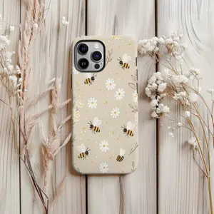 Aesthetic Beige Bee and Daisy Floral TPU Dual Layer Phone Case, Multi-Model Nature Phone Protector with Raised Bezels, Fits iPhone 11,12,13,14,15,16,17 Pro Max Air Plus