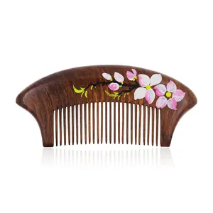 Mandala Crafts Wooden Comb - Pink Flower Rosewood Anti-Static Wood Comb - Wooden Wide Tooth Hair Comb for Men Women Straight Curly Hair Detangling Beard