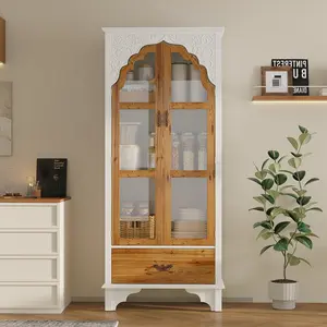 FUFU&GAGA 70.7" H Elegant Wood Display Bookcase Storage Cabinet with Carved Doors & Patterns, 3-Tier Shelves for Living Room & Office