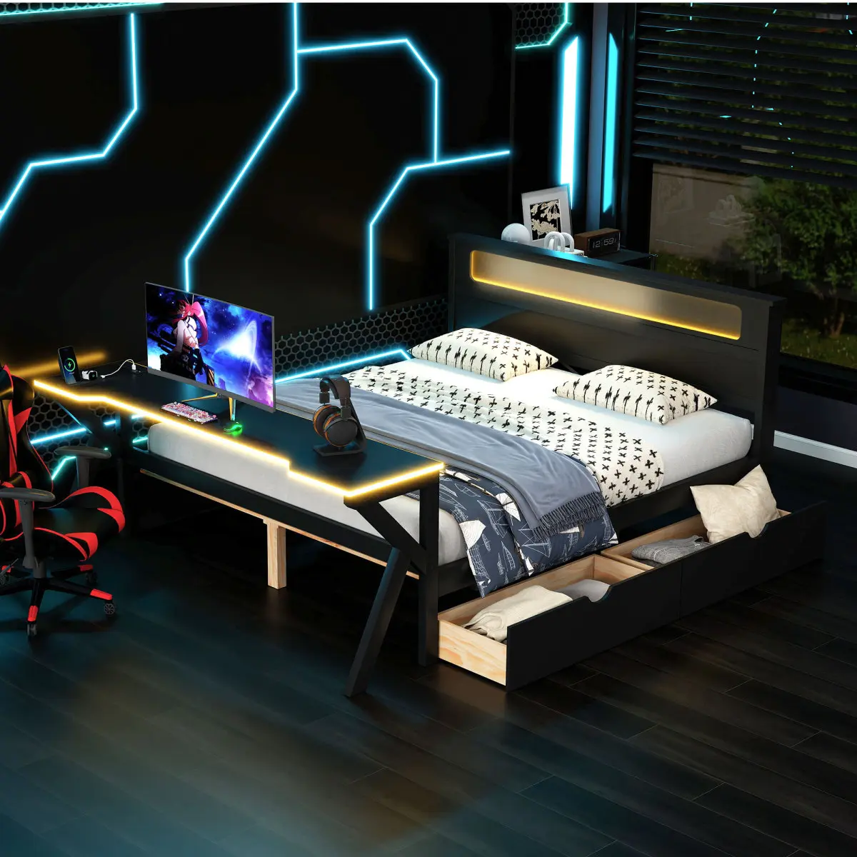 Full Size Gaming Platform Bed with LED Headboard, LED Desk, USB and Two Storage Drawers, Wooden Twin Bed Frame with Sturdy Slats, No Box Spring Needed, Black