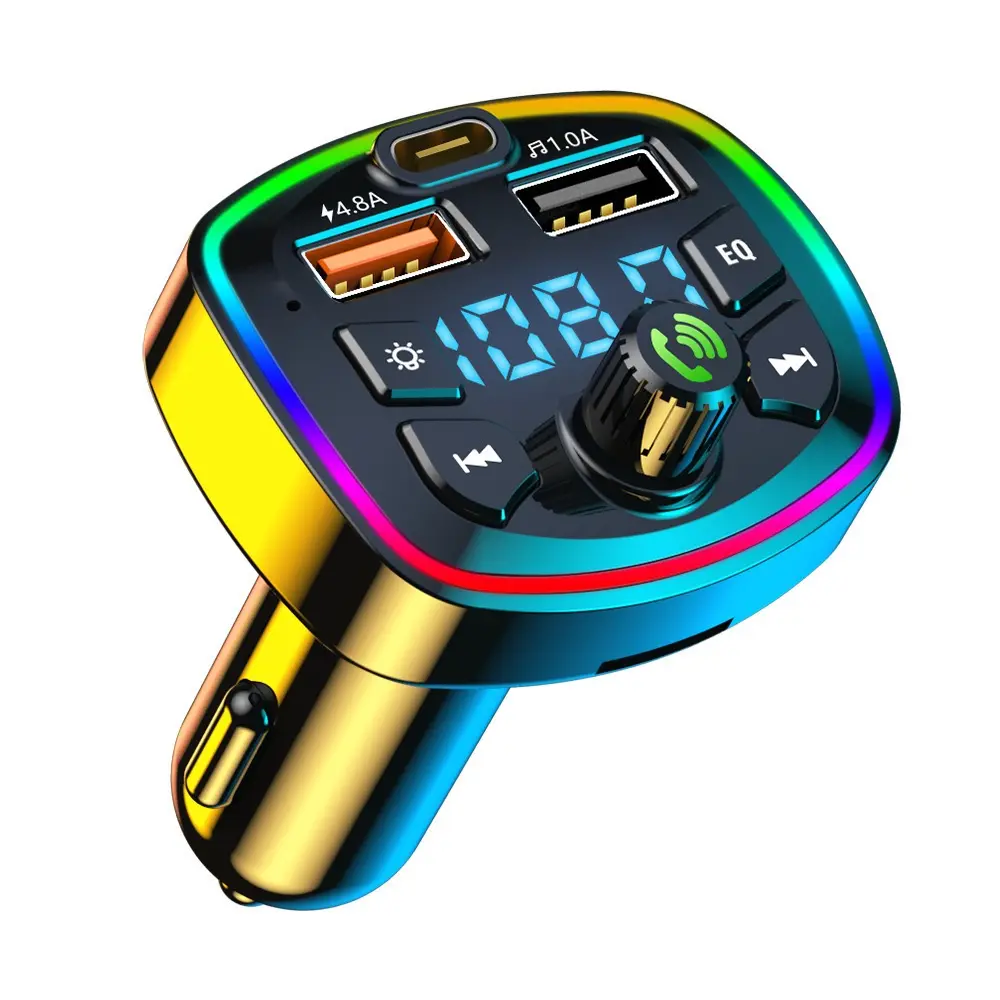 Car Bluetooth 5.0 FM Transmitter, 3-Port PD Fast Car Charger Adapter, RGB Ambient Light, Hands-Free Calling, Navigation Voice Broadcast, Lossless Music Player for 12V/24V Car Truck SUV