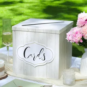 White Rustic Wood Card Box with Personalized Card labels, Wedding Card Money Box for Birthday, Graduation Party Reception Farmhouse Decor, Square 9"
