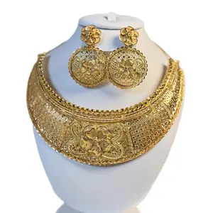 24k 5 Grams Gold Plated Necklace Set with Intricate Floral Design and Matching Earrings for Elegant Looks