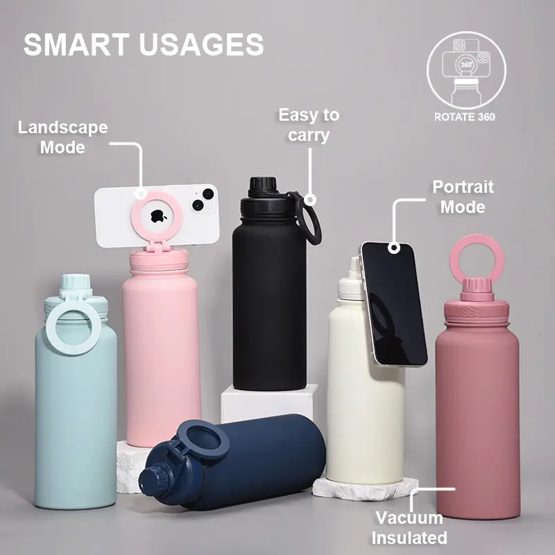 2026 New Magnetic Phone Holder Water Bottle Outdoor Large Capacity 1L Insulated Cup Stainless Steel Sports Water Bottle Gym Yoga Water Bottle