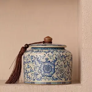 Traditional Chinese Blue and White Ceramic Urn - Vintage Asian-Inspired Round Ash Container for Urn Burial, Home Decor, Ancestor Memorial, Pet Cremation - Ornamental Vase with & Tassel (Ceramic Ash Keeper)