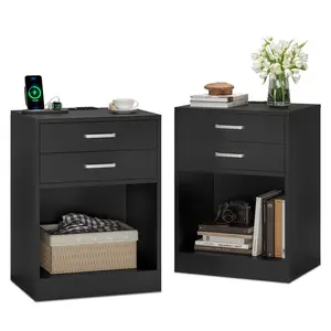 2Pcs Nightstand with Charging Station Black 2Pcs Nightstand with Charging Station Black