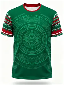 Men's Aztec Sunstone Mexico Sport T-Shirt, Tribal Style Round Neck Short Sleeve Top, Loose-Fitting Geometric Pattern, All Seasons
