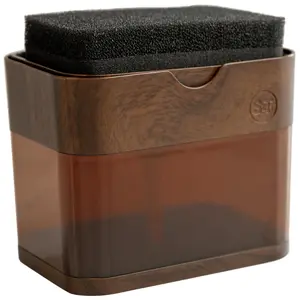 S&T INC. Dish Soap Dispenser and Sponge Holder for Kitchen Sink, Waterproof Labels and Sponge Included, 13 Ounces, Plastic, Walnut and Amber