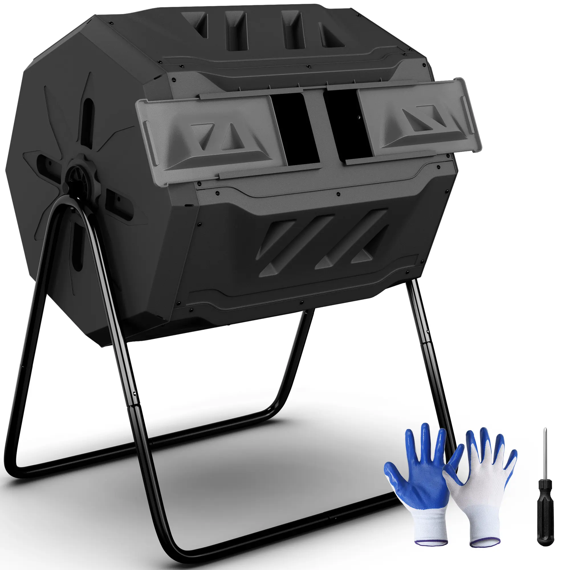 43-Gal Dual Chamber Compost Bin for Home Flowers - Durable Heavy-Duty Steel Construction, Compact Dual Rotating Bins Plastic Outdoor Compost with Built-In Lid, Side Lock for Continuous Composting, 28.5*25*37inch