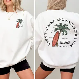 Mark 441 Even The Wind And Waves Obey Him Beach Graphic Shirt, Ocean Inspired Scripture Back Design, Trendy Faith Summer Wear