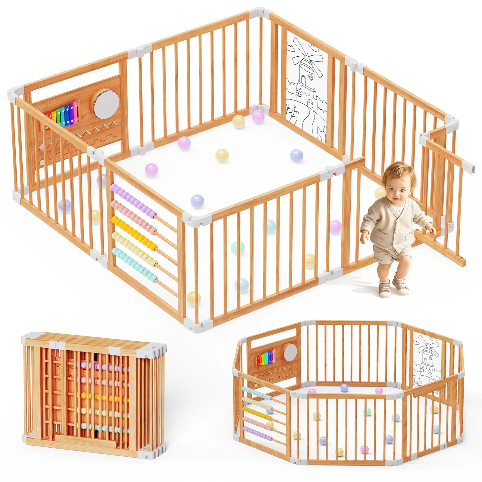 #DealsForYouDays Naudacaa Baby Playpen & Safety Gate, 6/8/10 Panels  Foldable Pine Wood Play Yard with Child-Proof Lock, Easy-Assembly Baby Fence for Indoor Safe Play
