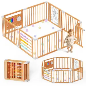 Naudacaa Baby Playpen & Safety Gate, 6/8/10 Panels  Foldable Pine Wood Play Yard with Child-Proof Lock, Easy-Assembly Baby Fence for Indoor Safe Play