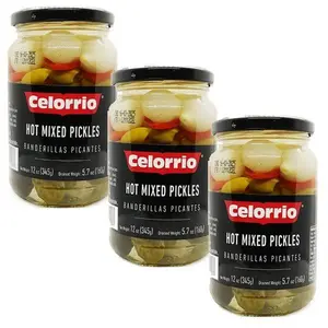 Celorrio Meatless Onion-Infused Hot Mixed Pickled Snacks, 10.5 oz Canned Sour Food, 3-Pack
