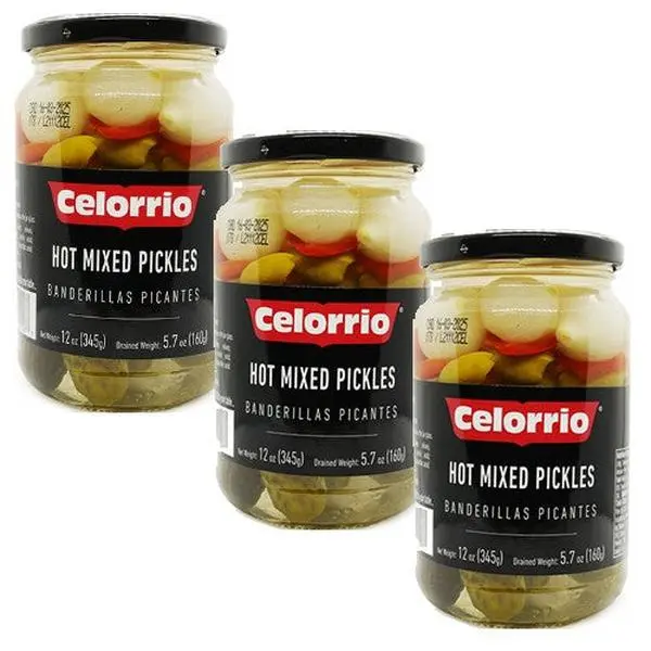Celorrio Hot Mixed Pickled Snacks - 3-Pack, 10.5 oz Canned Sour Spicy Pantry Food, Meatless, Onion-Infused, Medium Chile & Cauliflower, Snacks Pickled, Sour Spicy Pickle
