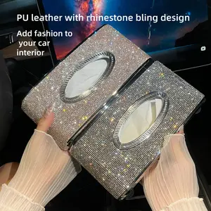 Bling Car Tissue Holder for Sun Visor, Center Console,Center Armrest,Hanging Type and Flat Type ,Crystal Rhinestone Leather Vehicle Paper Towel Case, Glitter Auto Napkin Clip Accessories for Women, Universal for SUV, RV, Truck,Car Storage