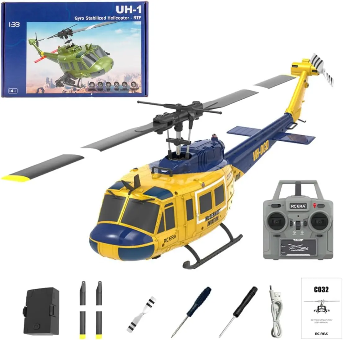 RC ERA C032 UH-1 Huey Remote Control Helicopter - 1/48 Scale 2.4G 6CH Gyro Stabilized Electric Toy, 7.4V Brushless Motor, 3D Stunts, Adjustable Speed, Dual Servo Rate Switching, Altitude Hold, Optical Flow, for Adults, Gift for Airplane Enthusiasts