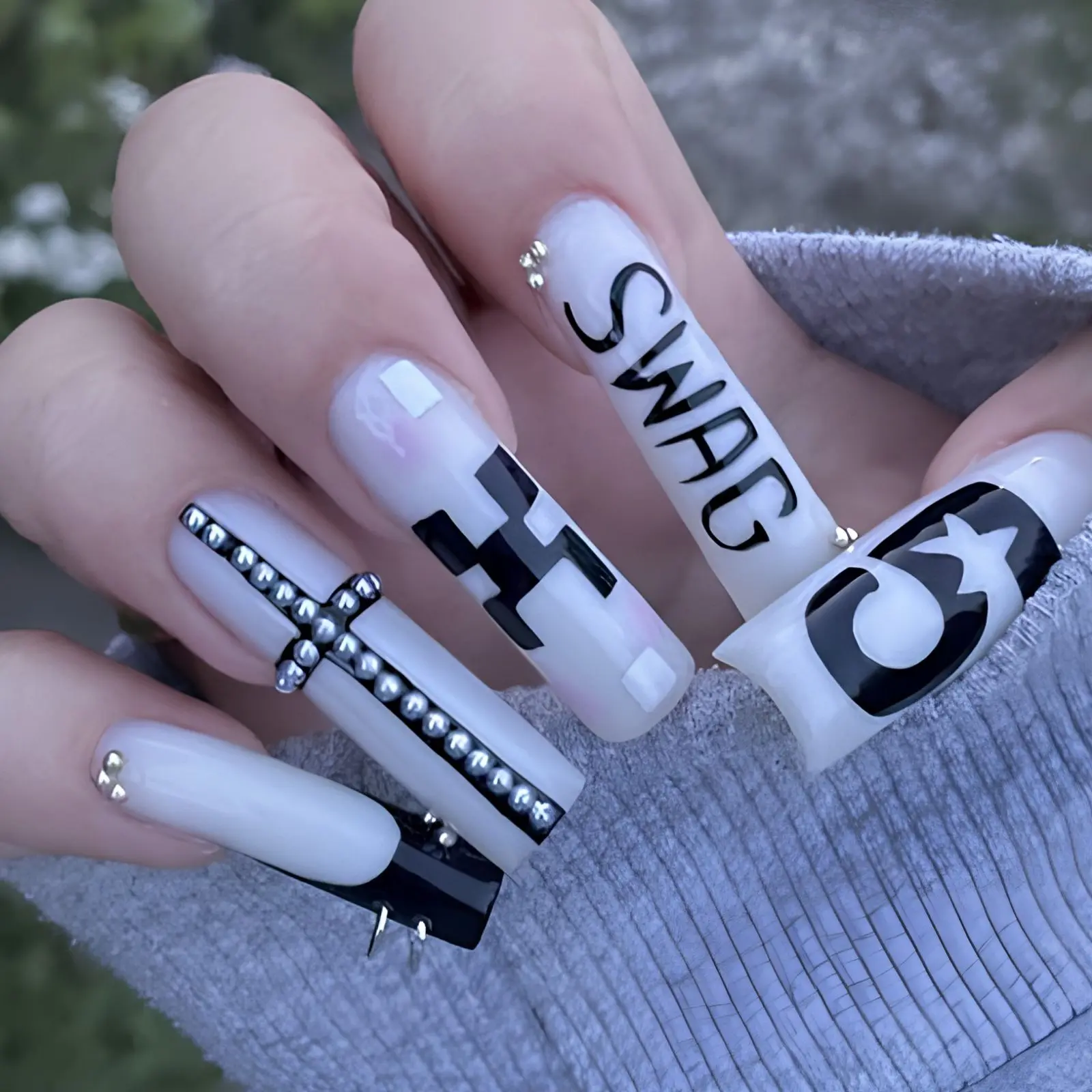 Grunge Cross Press On Nails | Black & White Goth Nail Art | Y2K Swag Graphic Press Ons | Edgy Handmade Nails