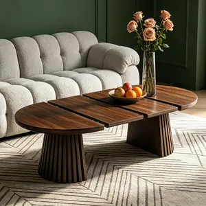 Extendable Coffee Table, 3-in-1 Oval Expanding Center Table for Living Room, Space-Saving Folding Dining Desk for Small Apartment Home Office, Modern Wood Walnut
