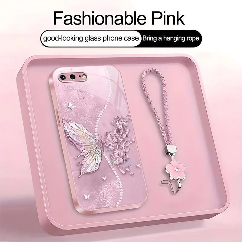 Fairycore Butterfly Phone Case - Elegant Floral Pearl Cover with Lanyard, Compatible for iPhone 8 Plus-975