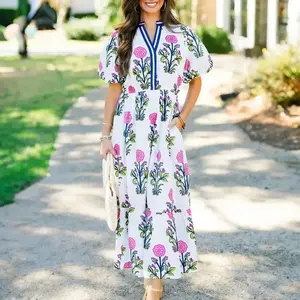Women's Summer Floral Print V Neck Beach Dresses Puff Short Sleeve High Waist Maxi Dress with Pockets