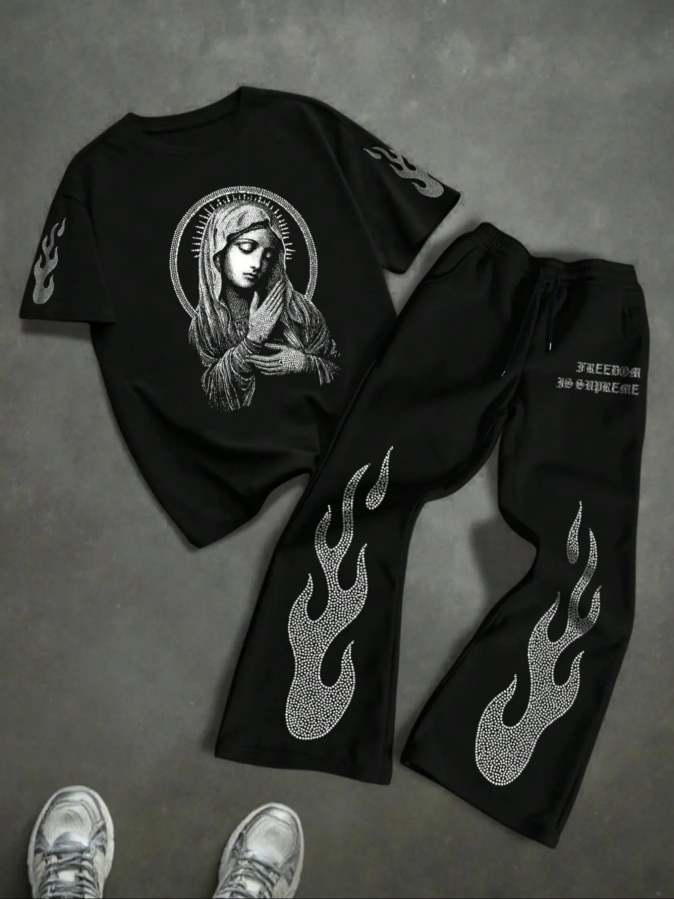 Men's Fashion Casual Two-Piece Set, Graphic Print Round Neck Short Sleeve T-Shirt and Drawstring Wide Leg Trouser Pants, Spring Summer Sports Wear Outfit, Menswear Clothes