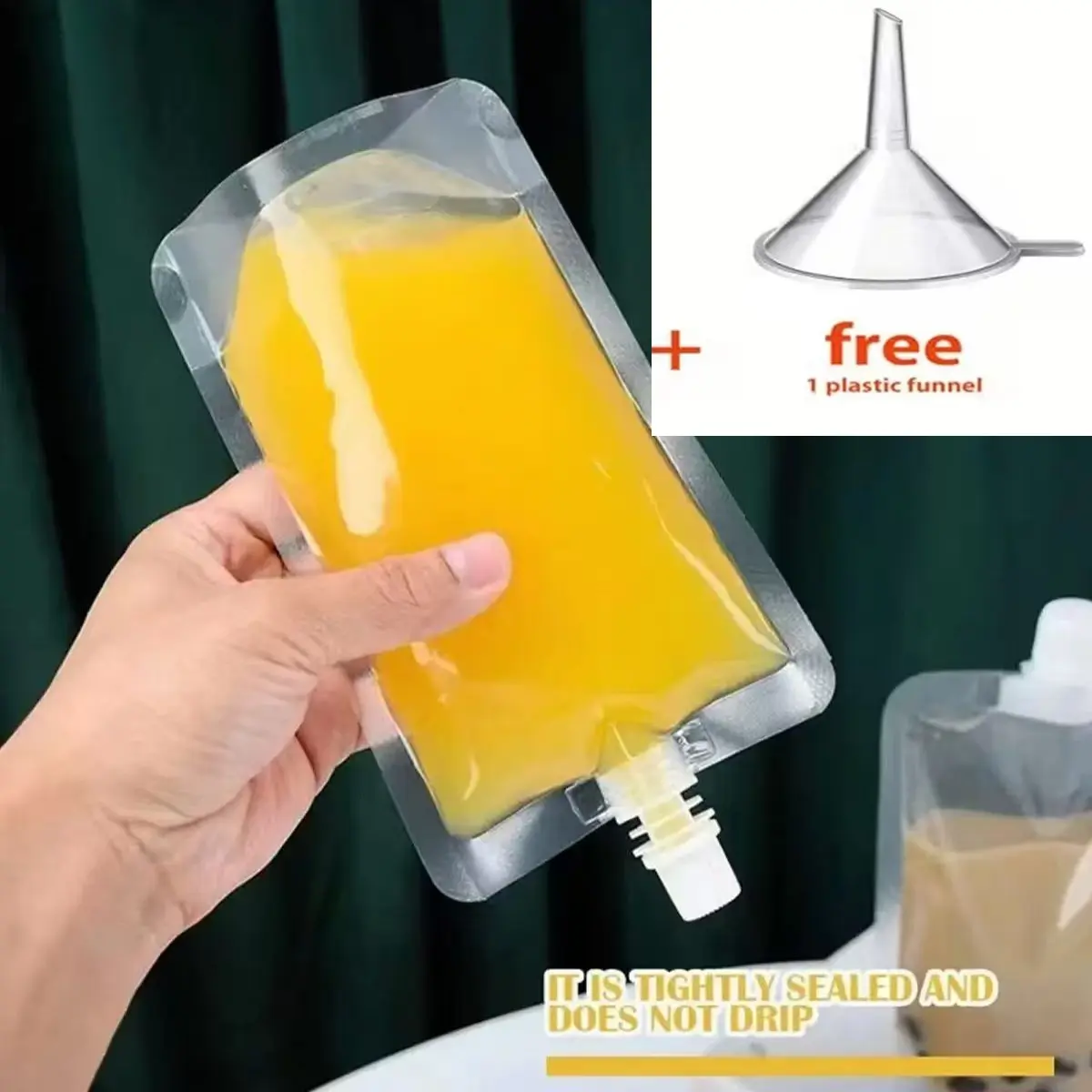 Reusable Foldable Clear Plastic Drink Bag with Funnel, Plastic Pouches, Ideal for Outdoor Travel, Camping, Picnics, Hot and Cold Drinks, Beverage, Milk Tea, Juice, Beer, Iced Coffee, Drinkware