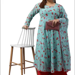 Plus Size Sea Green Georgette kurta with flared palazzo and chiffon Dupatta