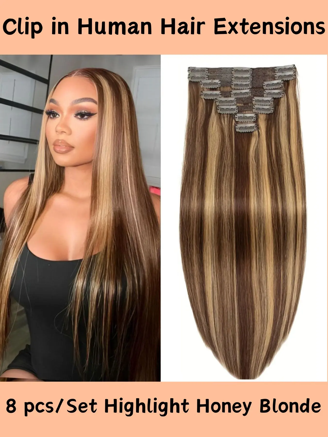 Clip in Hair Extensions Real Human Hair Remy Human Hair Seamless Balayage Invisible Clip on hair extensions for women Double Weft Hairpieces 8pcs #4/27 Highlight Honey Blonde
