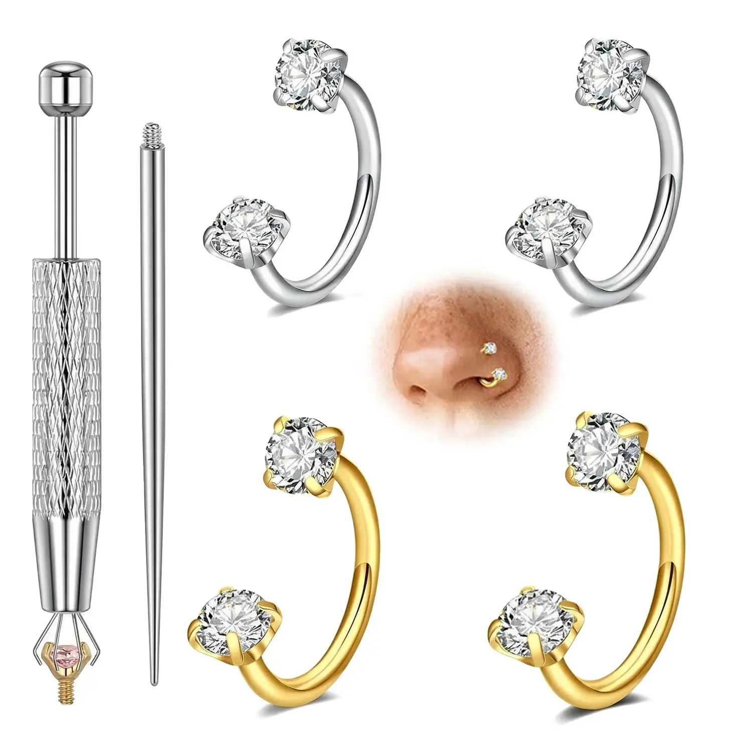 4PCS 18G Hypoallergenic Surgical Steel Internally Threaded Horseshoe Body-Safe Piercing Jewelry - Gemstone Hoop with Ball Holder, Guiding Needle, Septum & Hoop Nose Ring Piercing Jewelry