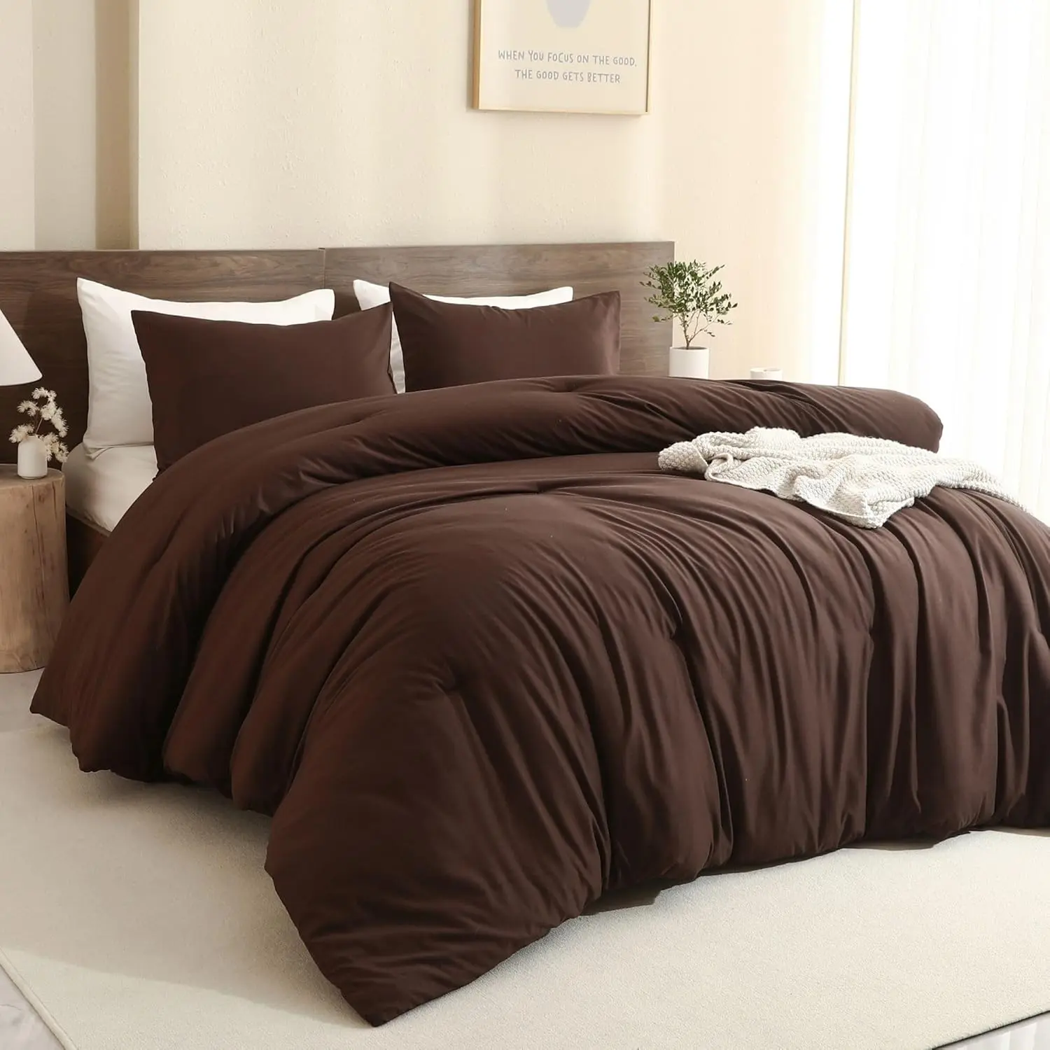 Earthy Brown Comforter  Size, Neutral 3 count Comforter Set, Lightweight Solid Bedding Set, All Seasons Soft Fluffy  Comforter Set (90x90In Comforter & 2 Pillowcases)