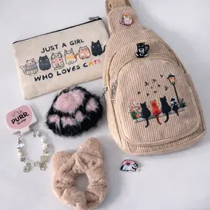 Cat Lover Starter Pack Cute Aesthetic Bag Set w Pins Keychain Scrunchie Bracelet