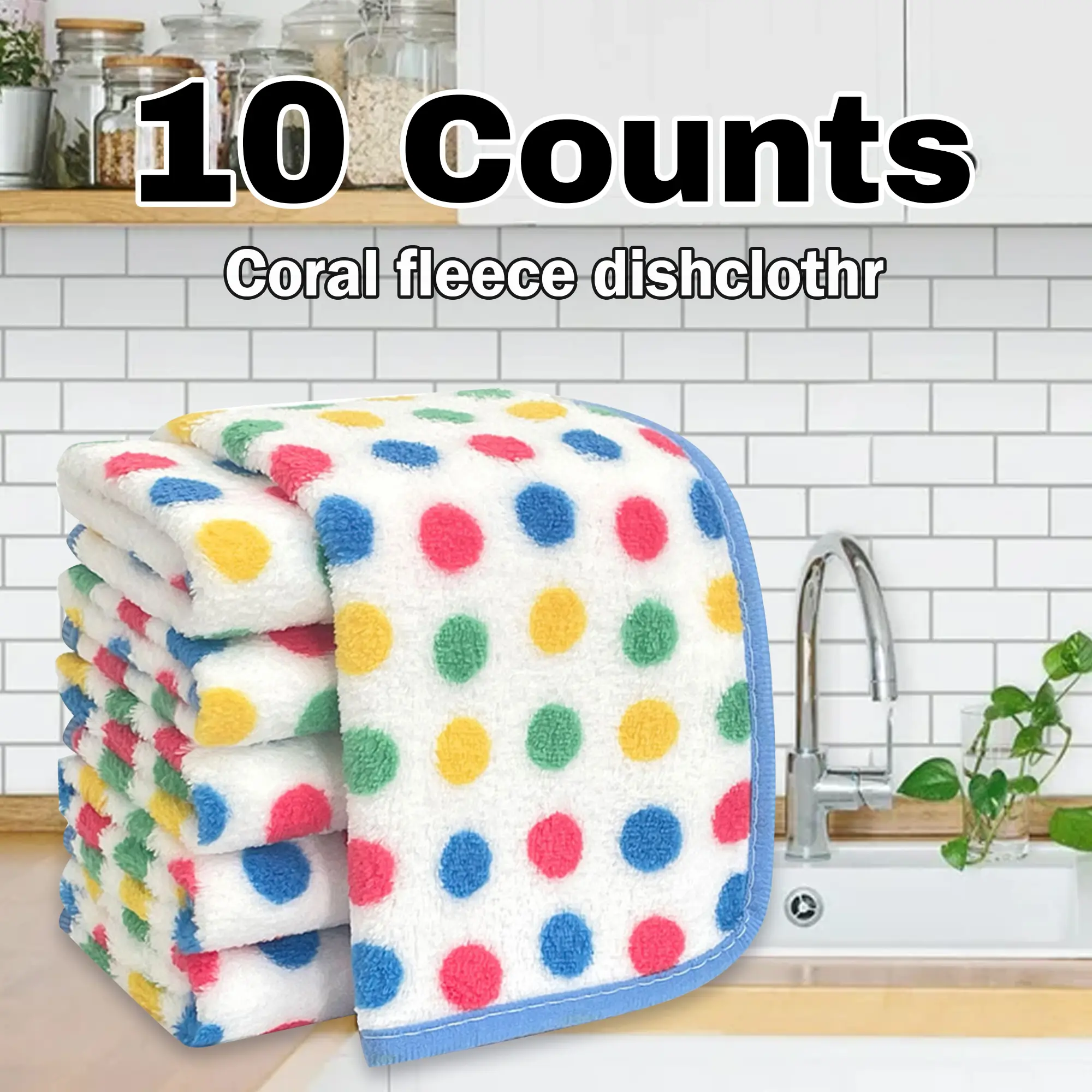 10 Counts Kitchen Dish Cloths Cleaning Towels, Highly absorbent, velvety coral fleece cleaning cloths combined with microfiber grease - repellent and non - adhering rags, dry rapidly and can be laundered, making them ideal for wiping down dishes