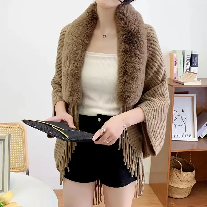 Women's Elegant Cape-Style Poncho with Plush Fur-Lined Hood & Fringe Details - Soft Solid Color Winter Warmth for Outdoor Fashion, Hand Washable, Ladies Cloths for Winter, Fashionable Layering, Luxury Knitwear, Soft Texture