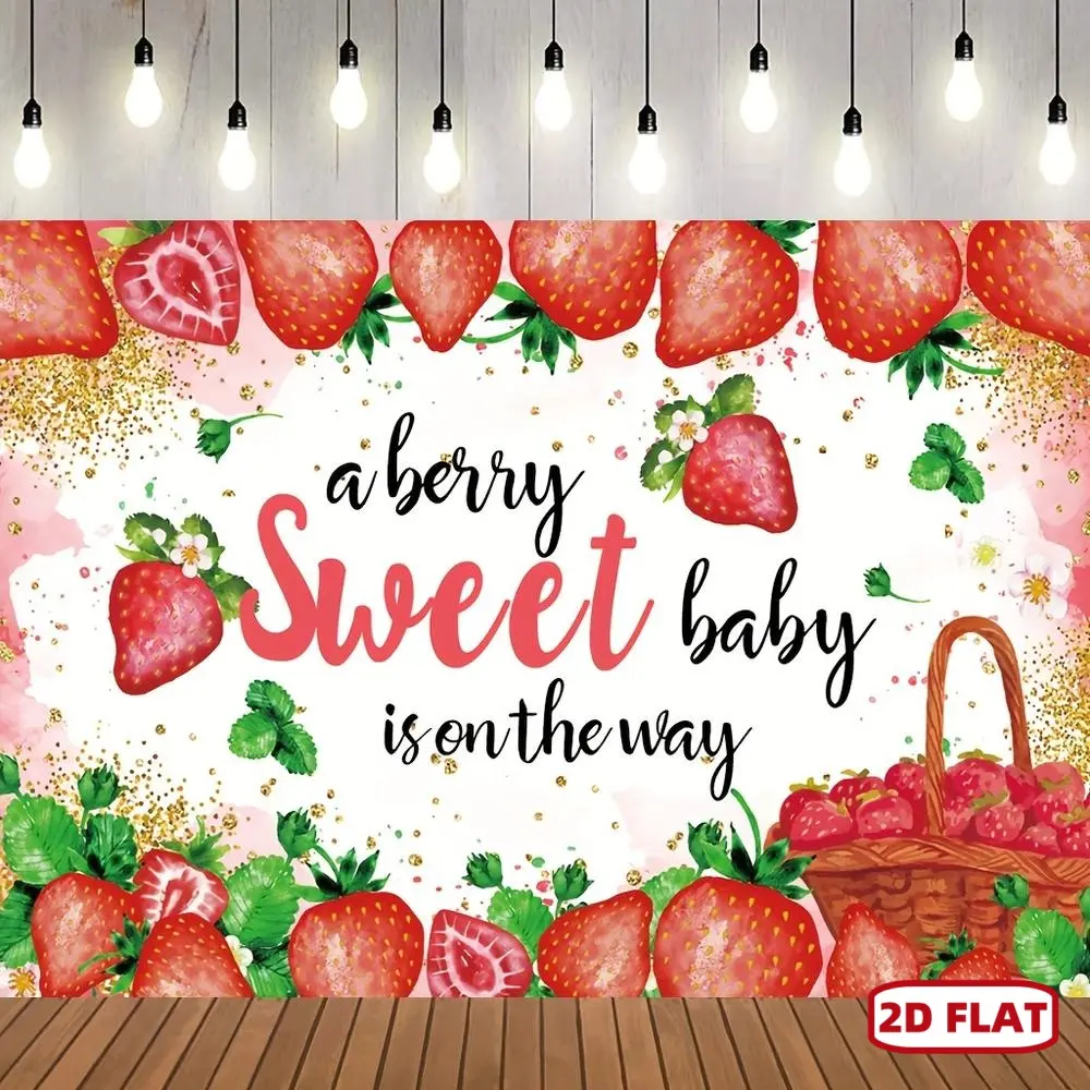 2D Flat Polyester Strawberry Print Baby Shower Backdrop - 1pc Indoor Backdrops for Photography, Birthday Party Decorations, Wall Hanging Banners & Cake Table Ornaments