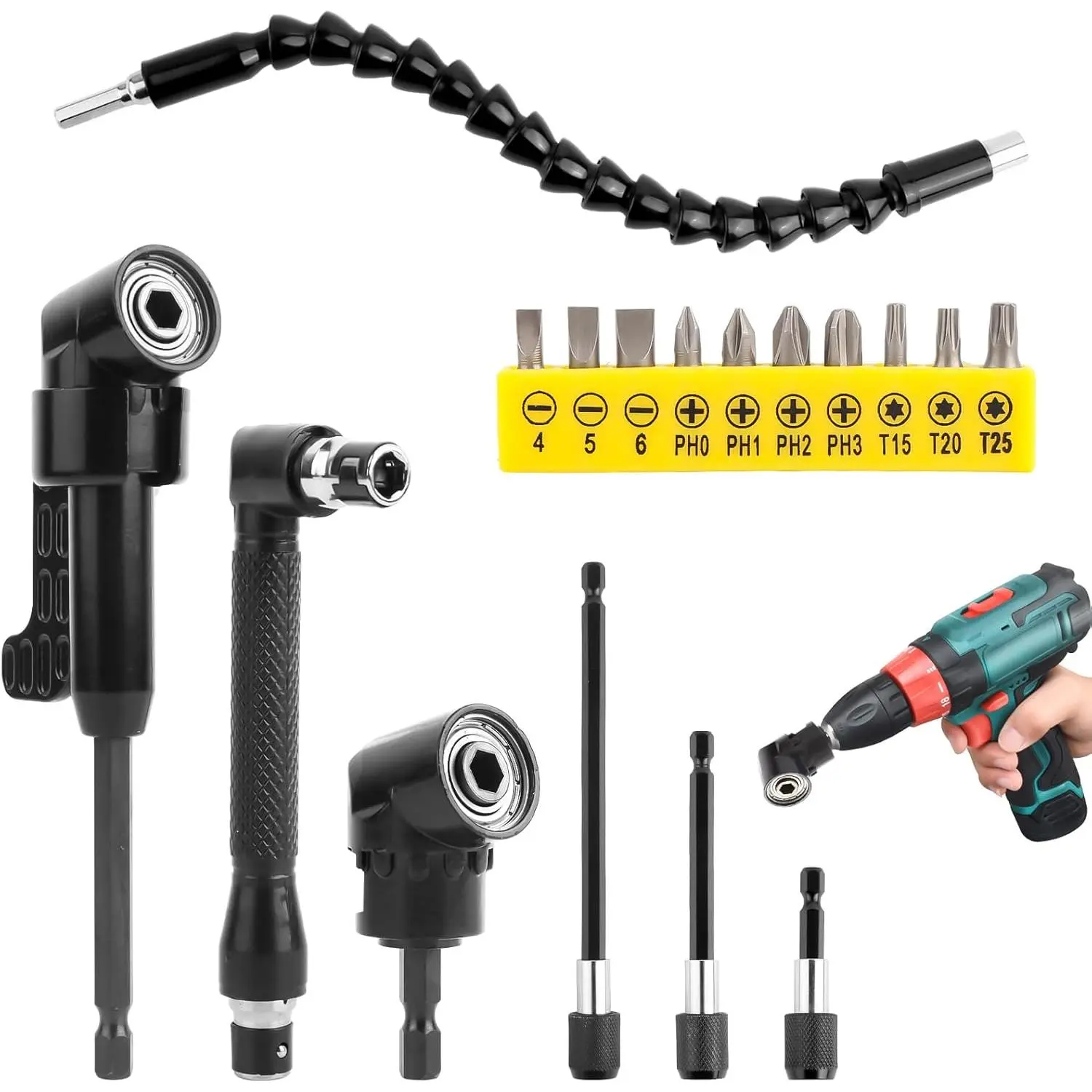 17Pcs Angle Screwdriver Attachment Set 105° Angle Attachment for Cordless Screwdriver, Angle Screwdriver Set with L Key, 3 Hex Shank, Bit Holder Extension, Angle Drill Attachment for Construction