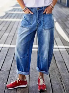 Women's High Waist Flare Jeans, floral pattern, medium wash, slim and figure-hugging design. It perfectly accentuates the leg line from thigh to calf, featuring bohemian and casual style with premium fabric
