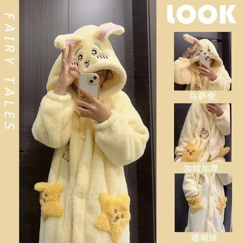 Women's Anime Chiikawa Winter Coral Fleece Pajama Set, Thick Long-Sleeve Warm Loungewear Nightwear with Usag Cartoon Cute Design