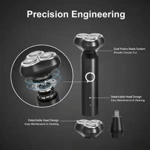 3-in-1 Electric Shaver for Men, Multifunction Grooming Kit with Interchangeable Heads, Beard Trimmer, Nose Hair Trimmer & Body Shaver, Cordless Rechargeable Razor, Waterproof, Portable for Daily Grooming & Travel