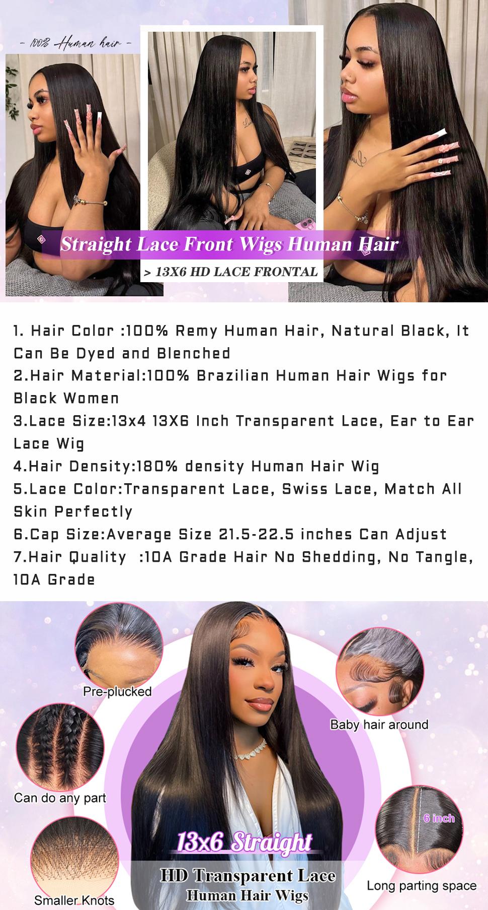 13x6 13x4 Lace Front Wigs Human Hair for Women 180 Density HD Transparent Bone Straight Lace Front Wigs Human Hair Pre Plucked Glueless Lace Frontal Wigs Natural Black Color