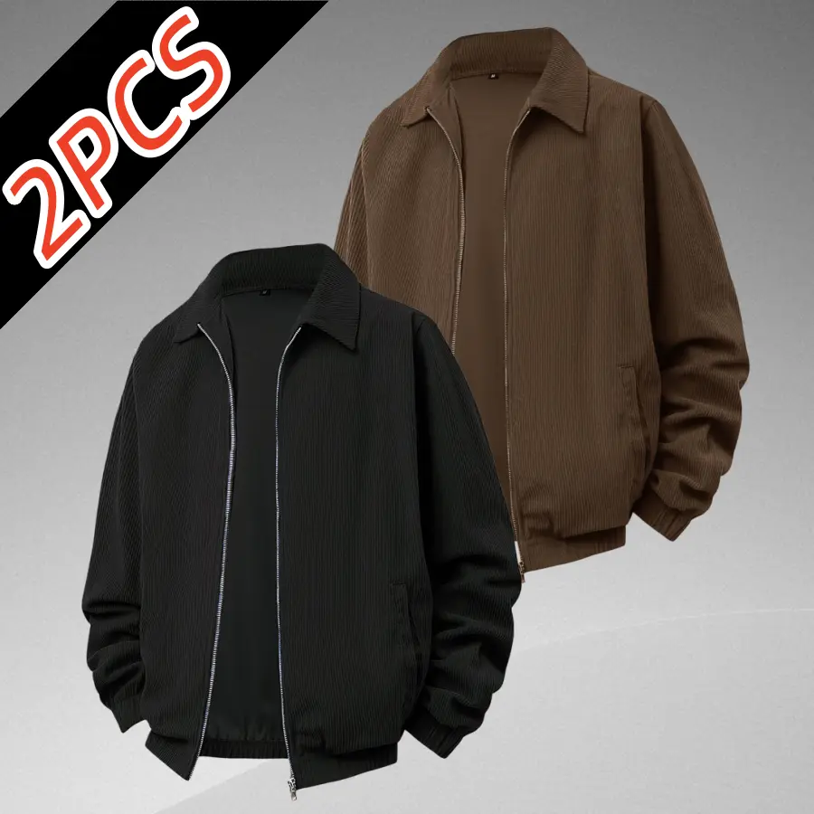 Men’s 2-Pack Plain Long Sleeve Blue Corduroy Coats, Menswear Tops with Turn-Down Collar & Zipper, Retro Casual Skin-Friendly Textured Rib Fabric, Suitable for Spring-Autumn Outdoor Wear & Everyday Commuting