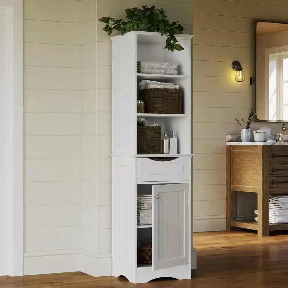Bathroom Linen Cabinet Tall White Storage Organizer with Drawer