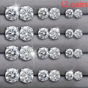 12-Pair Silvery Luxury Moissanite Earrings Set for Women, Artificial Gemstone Jewelry, Ideal for Personal Wear, Valentine's Day Gift, Earring For Women